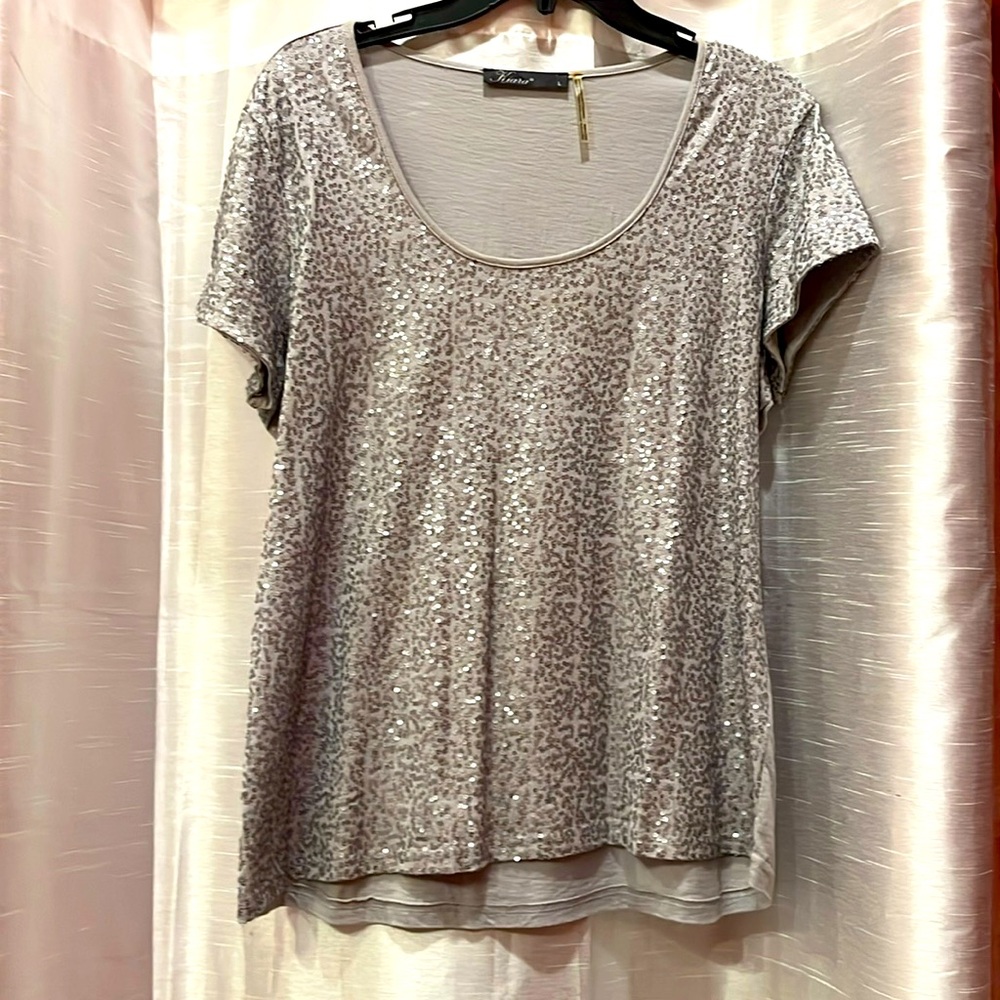 Silver sequin knit tee, Sz L